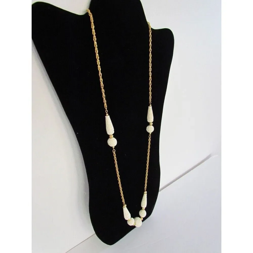 Vintage 60s Crown Trifari Sautoir Necklace Carved Faux Ivory  Gold Tone